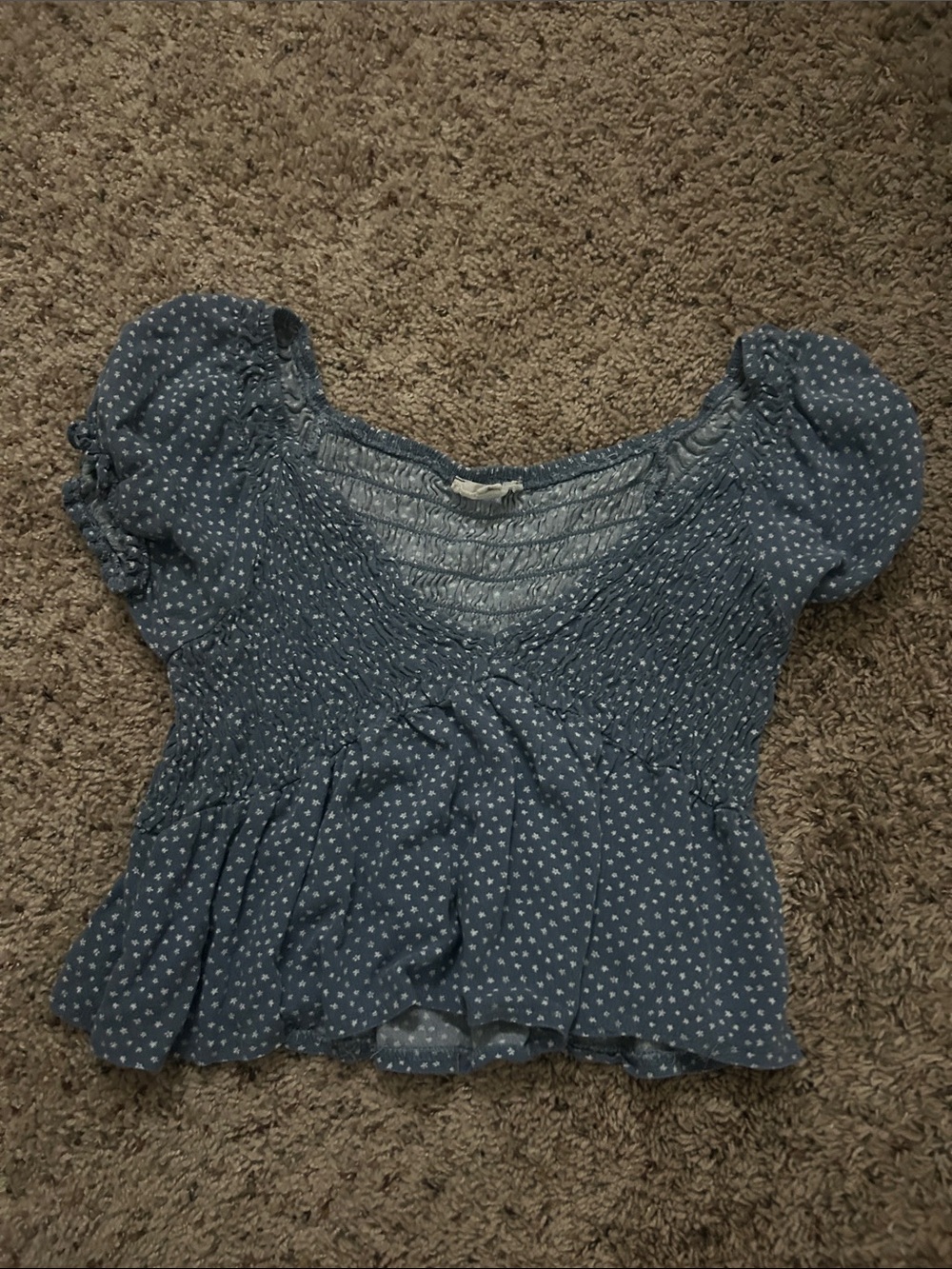 Blue Smocked Puff Sleeve Peasant Top